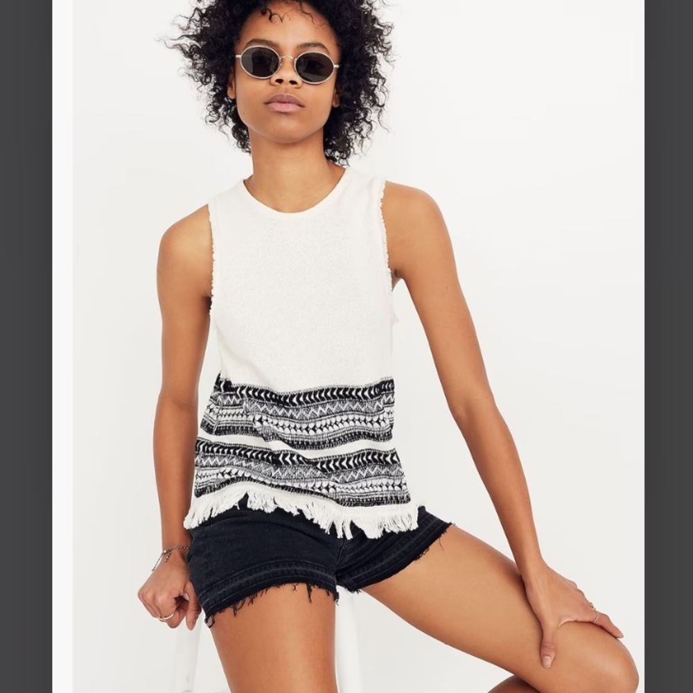 Madewell Black & White Textured Fringe Tank